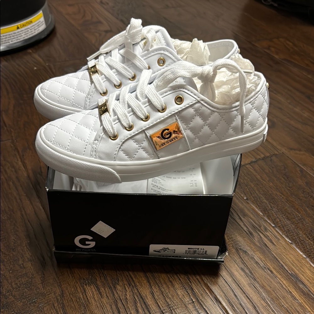 G by Guess Kids White Quilted Sneakers with Gold Accents